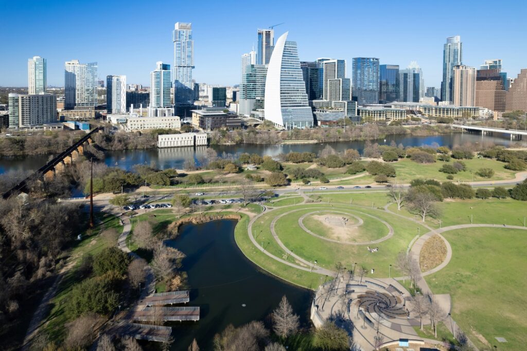 Auditorium Shores Dog Park Austin skyline and lake view